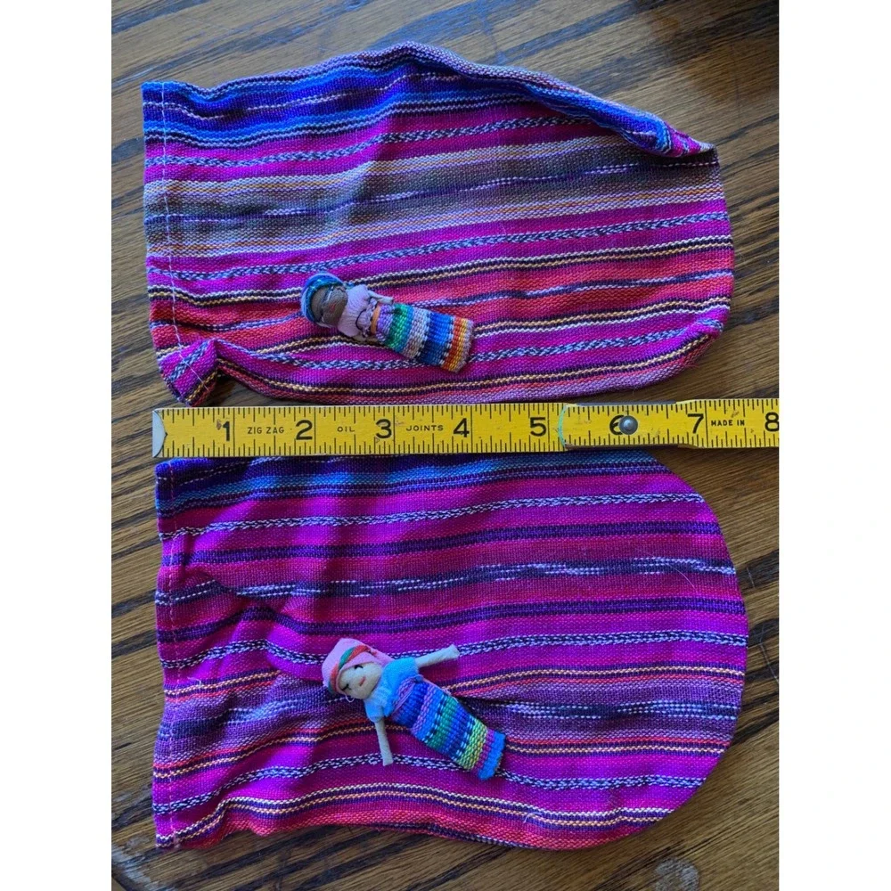 Guatemalan Worry Doll Pouch Set of Two Pink Purple Striped Handwoven Cotton Bags